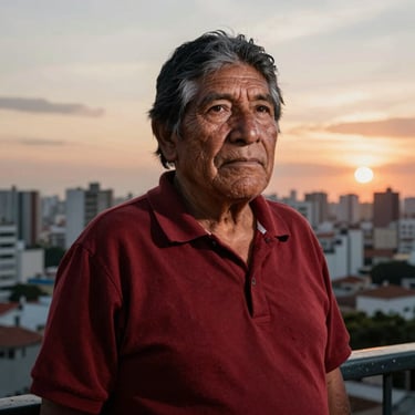 A portrait of an elder South American / Brazilian / Bolivian man with a proud expression, standing near a balcony overlooking a city in Brazil, natural sunset light reflecting deep mahogany tones.