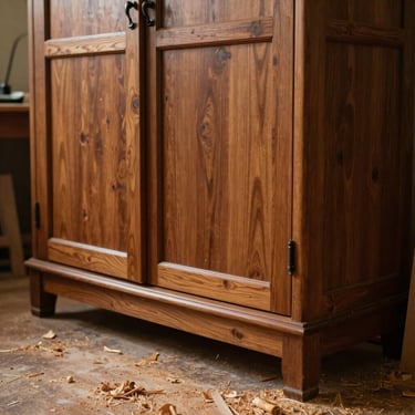 Heavy hand-carved wooden wardrobe standing on a workshop floor covered in wood shavings, warm low-key lighting