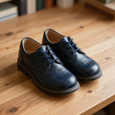 Classic black leather school shoes for children, placed on a warm oak surface, soft workshop side-light