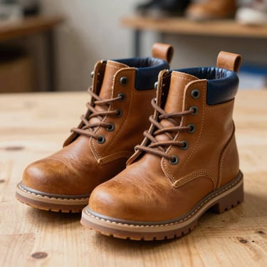Tan leather children's boots with durable rubber soles, warm lighting highlighting the grain of the leather