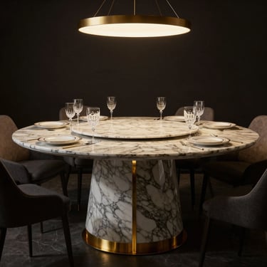 Bespoke marble dining table with custom gold joinery under a warm minimal chandelier, luxury plates and crystal glasses arranged for a formal dinner, dark moody background