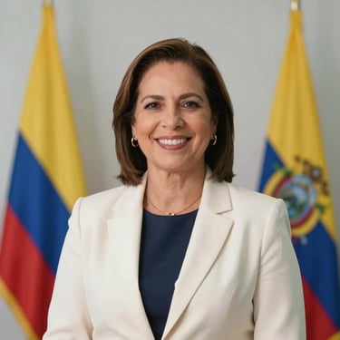 Portrait of a professional Colombian woman leader with a warm, empathetic smile, representing the leadership of María Benilda Ruiz Rojas. Modern office setting with blurred Colombian flag, colors #0C2D48 and #F6F8F9.
