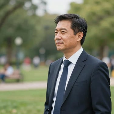 A middle-aged man in a professional yet approachable setting, representing a project manager at REVPAZ, looking out toward a community park with a sense of vision and integrity.