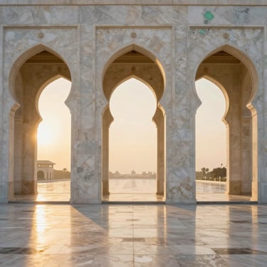 Elegant marble arches of a majestic courtyard at sunrise, warm golden light reflecting on polished stone, serene and pure atmosphere, 35mm