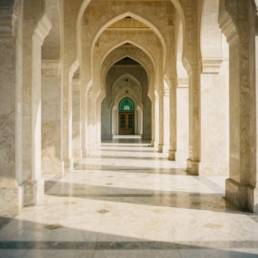 Sunlit corridor of a grand mosque with beautiful geometric shadows on the floor, soft beige and gold tones, serene atmosphere, 35mm
