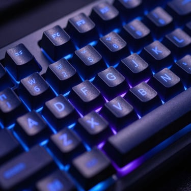 Extreme close-up of a high-end mechanical keyboard with sharp indigo backlight, shallow depth of field, metallic keycaps, dark tech aesthetic.