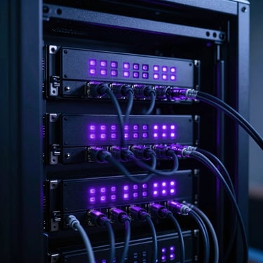 A clean server rack with glowing purple status LEDs, physical cables neatly managed, cool moody lighting, high contrast.