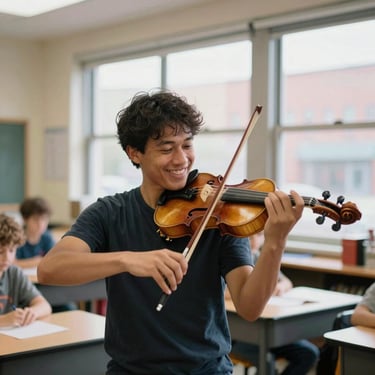 A professional violinist holding his instrument, smiling warmly in a bright Bronx classroom, shallow depth of field, 35mm.