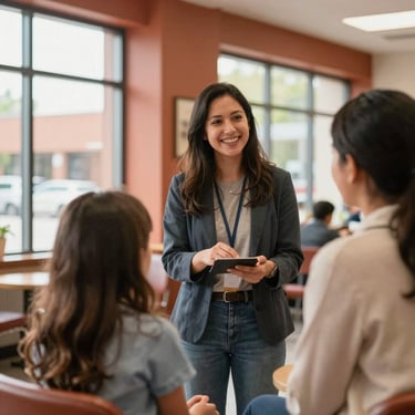 A welcoming community coordinator greeting a parent and child in a bright, terracotta-toned lobby, 35mm.