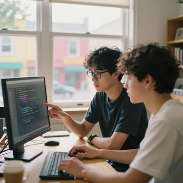 A software engineer explaining code to a student, both looking at a bright screen, warm natural light, 35mm.