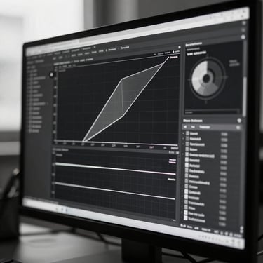 Close-up of a digital analytics interface on a physical monitor, sharp geometric lines, cold natural light, high contrast monochrome.