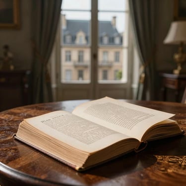 Plan serré d'un livre ancien ouvert sur une table en bois sombre, dans le salon d'honneur de l'Hôtel de Ville de La Bourboule, lumière douce de fin d'après-midi.