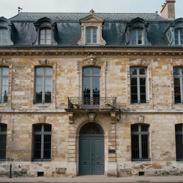 Plan graphique de l'architecture extérieure de l'Hôtel de Ville de La Bourboule, mettant en valeur les fenêtres Belle Époque sous un ciel d'automne voilé.