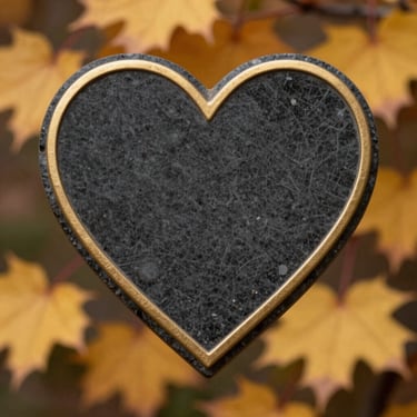Heart-shaped dark stone plaque with delicate gold borders, soft focus on autumn leaves in background