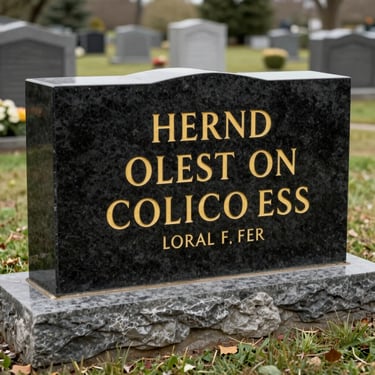 Classic rectangular black granite funeral plaque with golden engraved text, resting on a stone base in a quiet cemetery