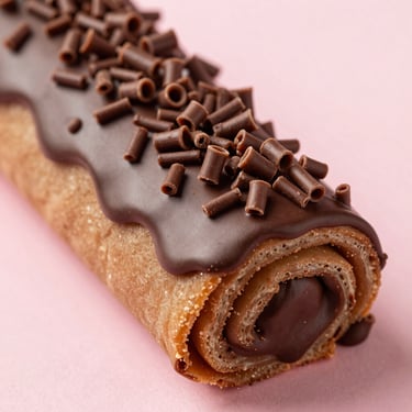 Macro shot of a warm roll drenched in dark chocolate fudge glaze and sprinkled with milk chocolate curls, soft pink background