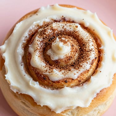 Macro top-down view of a classic cinnamon roll with thick white cream cheese frosting and a dusting of fine brown Ceylon cinnamon, warm morning light