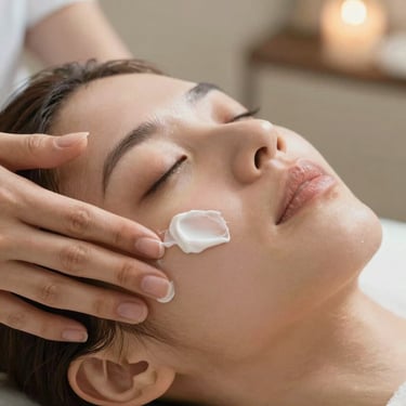Macro shot of a serene facial treatment, soft cream being applied to clean skin in a premium spa environment.
