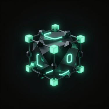 Dark minimalist 3D render of a glowing neon-mint cryptographic node structure suspended in a dark obsidian void, sharp angles, macro focus