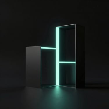 Minimalist architectural lines in a dark space with a single sharp neon-mint light source casting long shadows, 3D render
