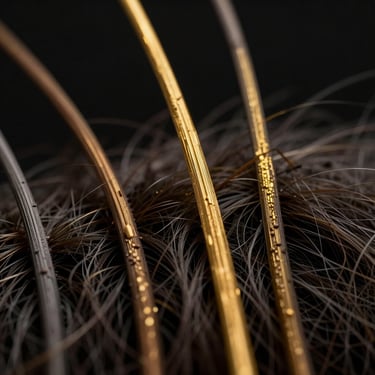 Macro photography of healthy hair follicles, deep black background, sharp gold highlighting, scientific precision, 85mm