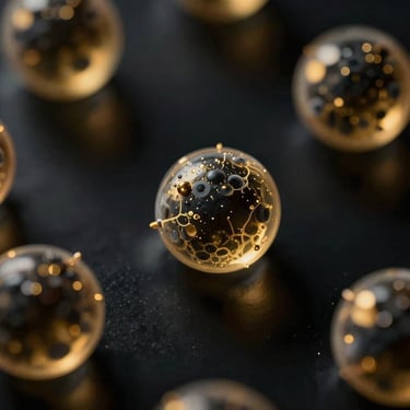 Abstract fluid dynamics of extracellular vesicles under low-key chiaroscuro lighting, gold accents, 85mm