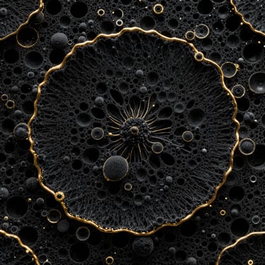 Microscopic view of dense cellular cartilage structures, high-contrast dark tones, sharp gold rim lighting, 85mm