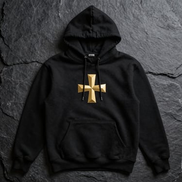 A premium heavy-weight black cotton hoodie laid flat on a dark slate surface, featuring a minimal, sharp metallic gold geometric cross emblem on the chest.