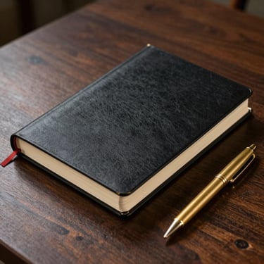A thick, thread-bound black notebook with gold gilded page edges, resting on a dark walnut table with a heavy brass pen.
