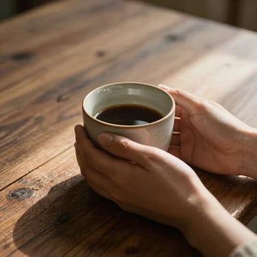 Close-up of hands holding a warm ceramic cup on a rustic wooden table, soft morning shadows, cozy and calm atmosphere.