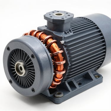 Heavy-duty industrial electric motor with pure electrolytic copper windings visible, clean laboratory-grade backdrop, sharp metallic textures
