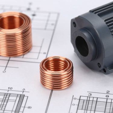 Custom wound copper coils and motor assemblies on a technical blueprint, high contrast, precise engineering environment