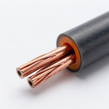Macro studio shot of a 3-core heavy-insulation industrial wire, showing triple copper cores wrapped in fire-retardant polymer sheath.