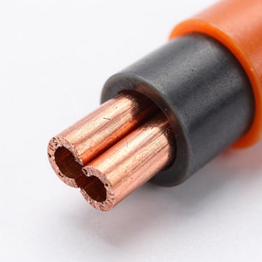 Macro studio shot of a 2-core heavy-insulation industrial wire with outer diameter exceeding 5mm, showing thick protective polymer layer, high-contrast metallic copper.