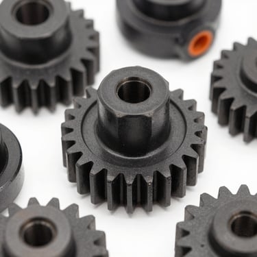 Macro studio shot of high-impact polymer spare parts, durable black engineered plastic gears and brackets, clean studio lighting.