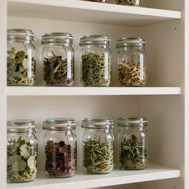 Bright editorial photography of a beautifully organized, spotless kitchen pantry with glass jars and dried herbs, soft natural daylight, shallow depth of field, 35mm