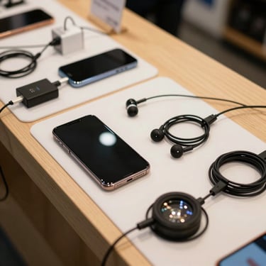 Overhead shot of a shop counter with mobile phones, earphones, and charger cables arranged on display cloth under warm shop lighting