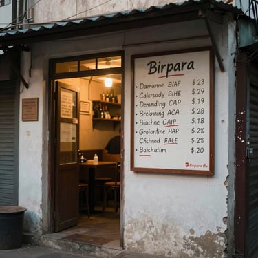 Street-level view of a small restaurant storefront in a Birpara lane, a handwritten menu board visible on the wall, warm interior light spilling through the open entrance at dusk