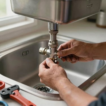 A plumber's hands tightening a pipe joint under a sink in a home kitchen, natural window light, tools visible on the floor beside them