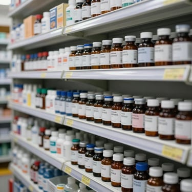 Rows of medicine bottles and blister packs neatly arranged on pharmacy shelves under fluorescent shop lighting, no people