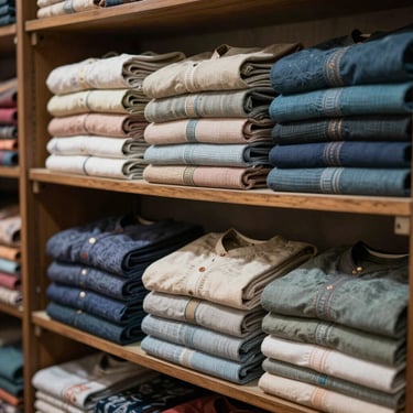 Neatly folded cotton kurtas and fabric rolls stacked on a small-town clothing shop shelf under natural daylight, warm muted tones