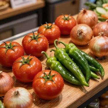 Close-up overhead shot of fresh vegetables — tomatoes, onions, and green chillies arranged on a wooden counter under warm shop lighting