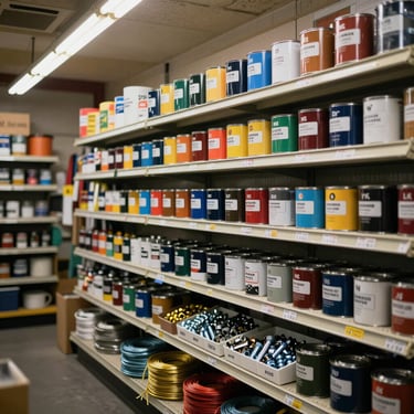 Hardware shop interior with rows of paint cans, nuts and bolts in labeled bins, and bundled wire on shelves, warm overhead shop lighting