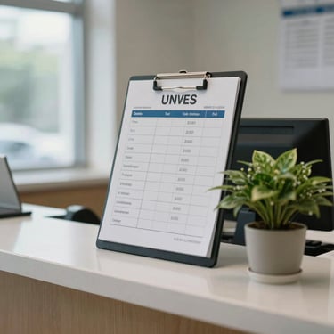 Close-up of a clinic reception counter with a printed schedule board and a small potted plant, natural daylight from a window, no people
