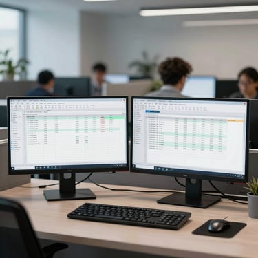 Straight-on structured view of a modern dual-monitor office desk displaying complex billing spreadsheets with blurred figures, cool slate lighting, clean professional environment.