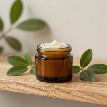 Organic botanical salve in an amber glass jar on a raw oak shelf, soft natural daylight, shallow depth of field