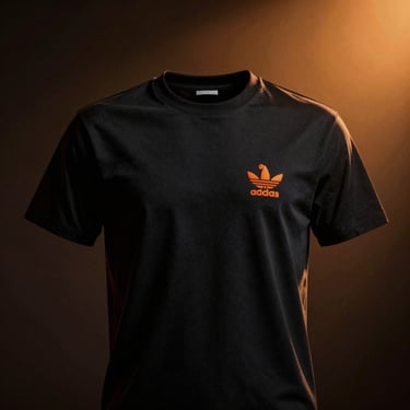 Cinematic lifestyle shot of a premium black t-shirt with orange embroidery, dramatic contrast, dark studio setting.