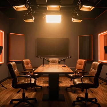 Atmospheric wide shot of a high-end podcast studio in Montreal, warm gold overhead lights, neon orange accents, empty leather chairs.