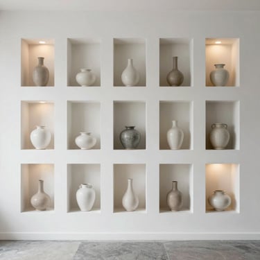 Minimalist living room wall with custom recessed drywall niches holding decorative ceramic vases, warm LED lighting