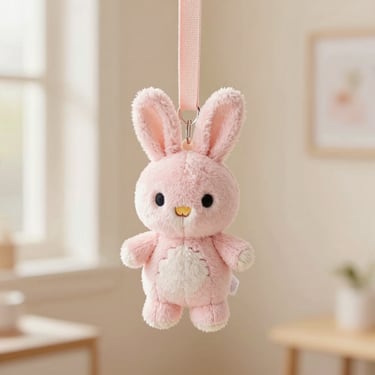 A rare pastel pink bunny plush charm with embroidery details, hanging from a canvas strap, soft warm lighting, cozy boutique setting